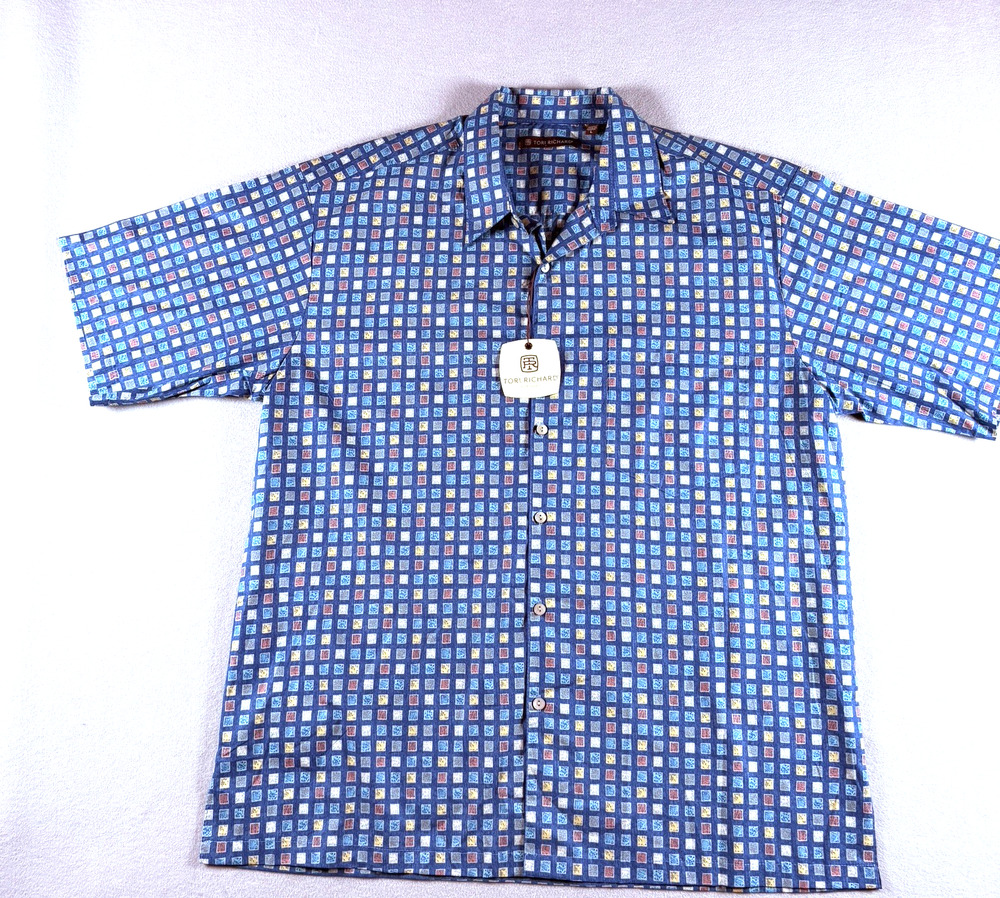 Tori Richard Men's Large Blue Geometric Square Print Camp Shirt NWOT